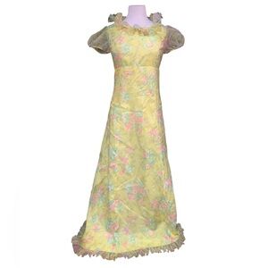 Vintage 60’s pastel floral Bridgerton style maxi dress with sheer cap sleeves